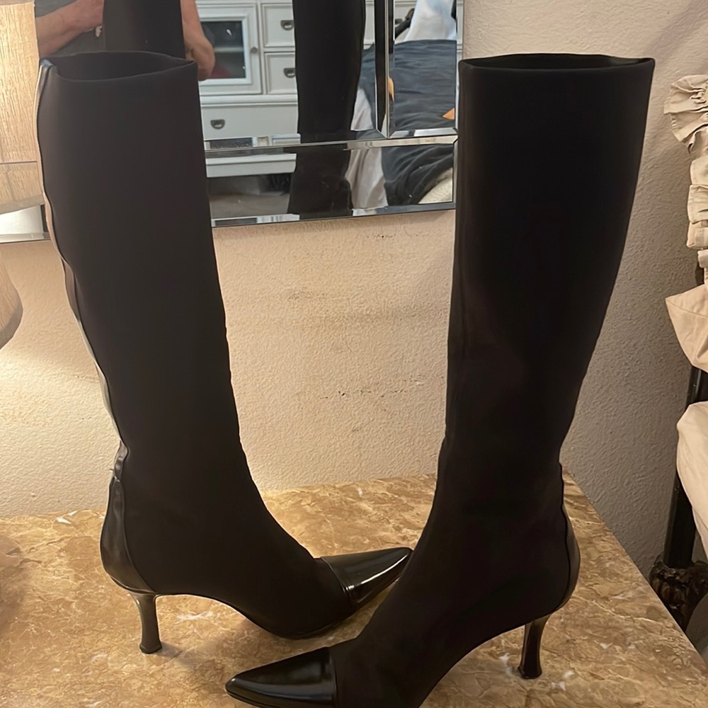 Women Tall Black Stretch Boots with leather toe Size 10